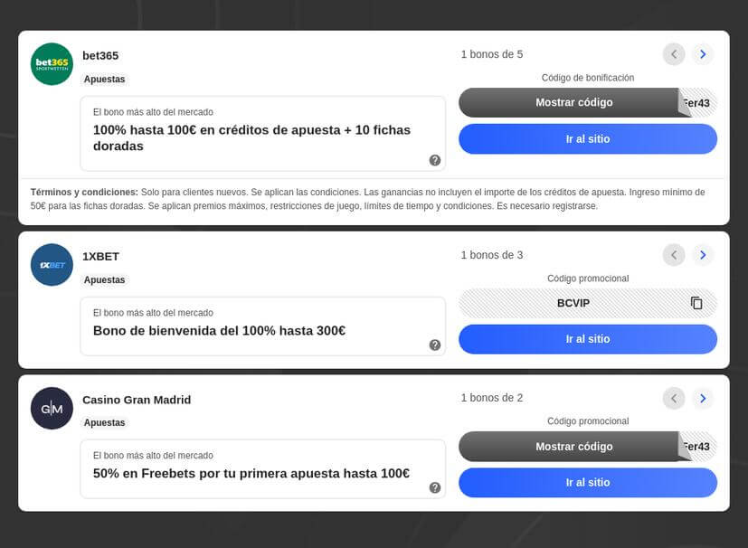 Códigos Promocionales Apuestas Deportivas y Casinos España