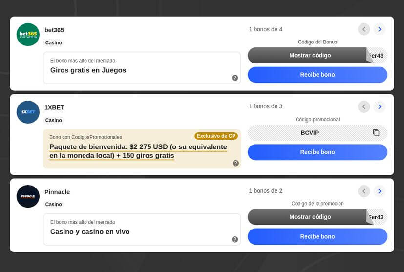 Códigos Promocionales Casinos