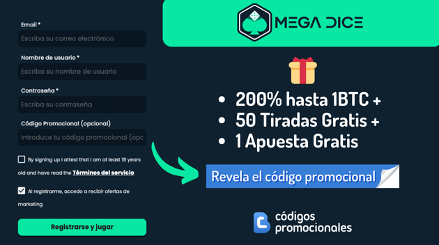 Registro en MegaDice con el promo code